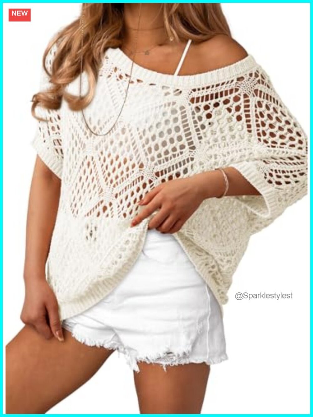 Crochet Off Shoulder Short Sleeve Sweater Top Beach Coverup